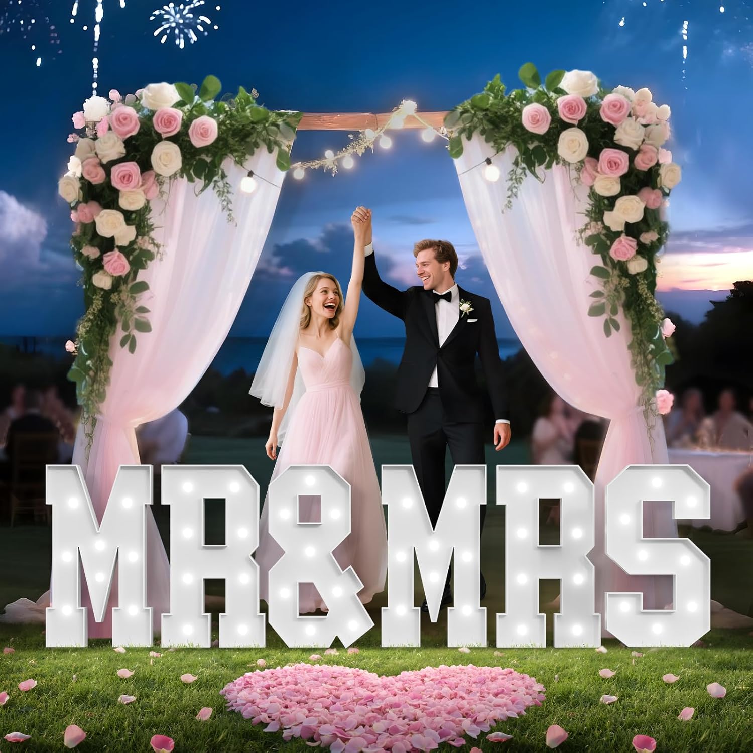 Mr and Mrs Sign Large Light Up Marquee Letters 2 Feet Tall Outdoor Wedding Shower Engagement Party Decorations Mr & Mrs Neon Just Married Decor Foam Board Backdrop with 2000 Pcs Rose Petals 2.3FT