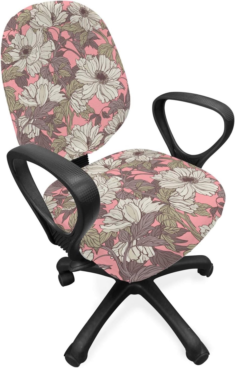 Ambesonne Floral Office Chair Slipcover, Cartoon Style High Detailed Flowers and Leaves, Protective Stretch Decorative Fabric Cover, Pastel Pink Grey Yellow
