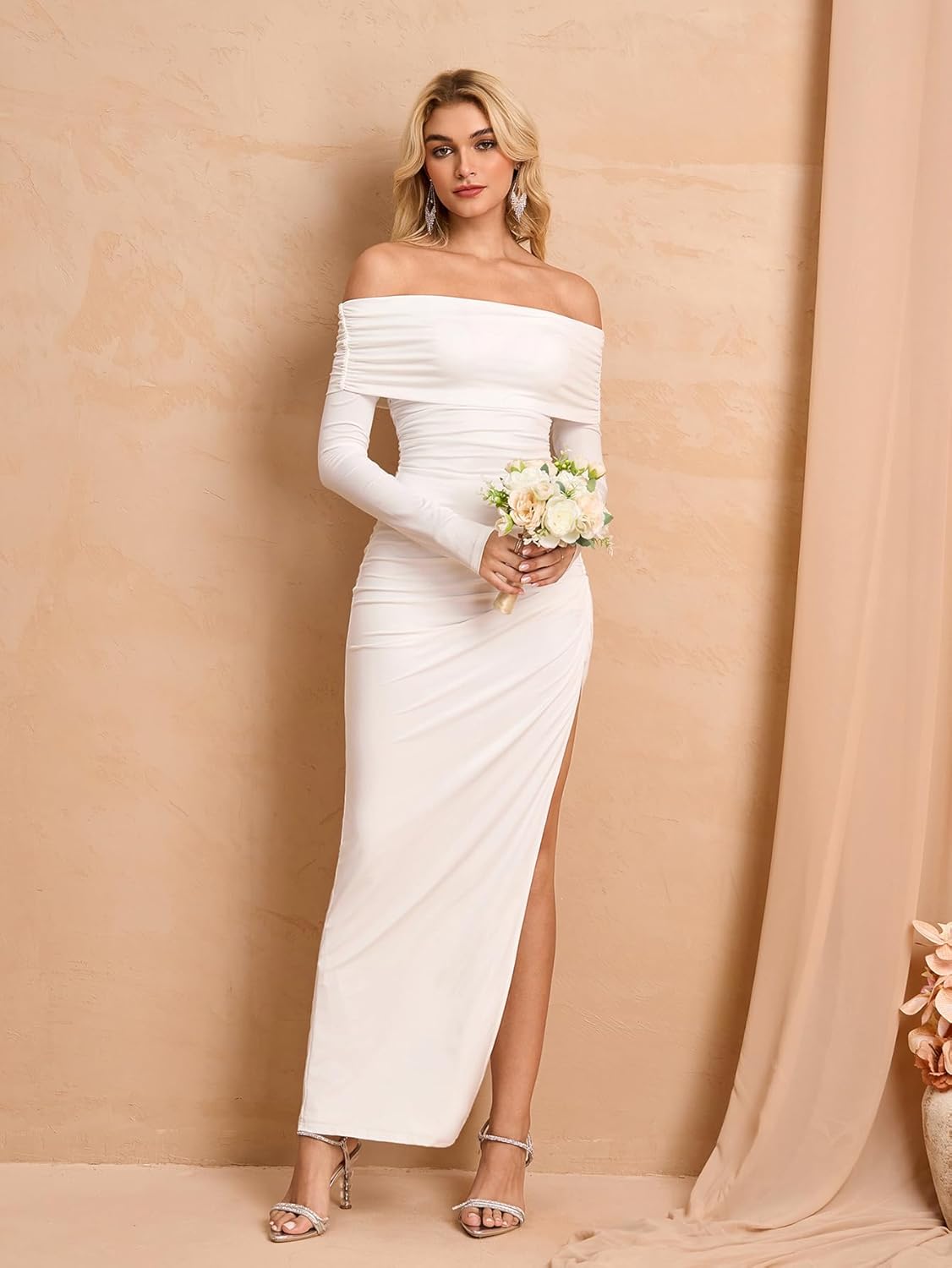 EYNMIN Off Shoulder Long Sleeve Maxi Dress Ruched Bodycon Slit Elegant Formal Fall Wedding Guest Dresses for Women - Image 2