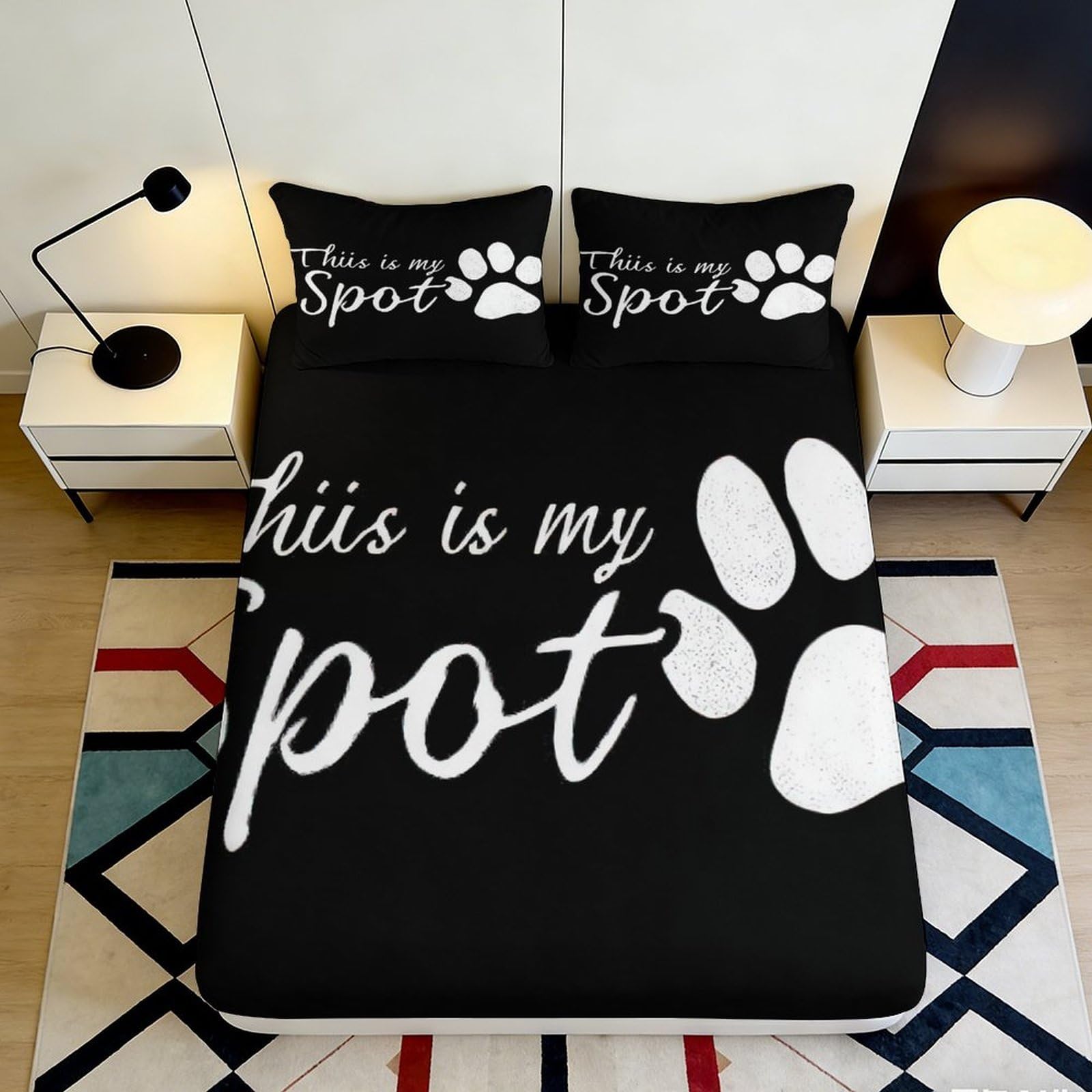 Stylish black paw print fitted sheet, 3D Printed, soft touch microfiber, guest room bedding, wrinkle resistant, easy to remove 90x200x25cm