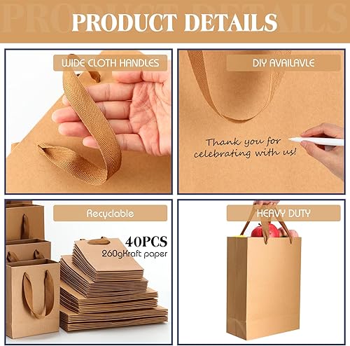Miniatura 9 de PerKoop Paquete de 40 bolsas de papel kraft marrón con mango de estraza de 4 tamaños, bolsas de papel kraft con asas de tela, bolsas de envoltura de