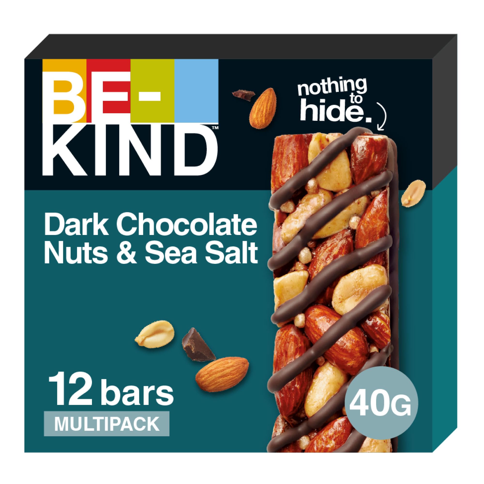BE-KIND Dark Chocolate Nuts & Sea Salt Pack of 12x40g Snack Bar, Gluten Free Snacks, High Fibre, Source of Protein, No Artificial Preservatives, No Artificial Colors, No Artificial Flavours