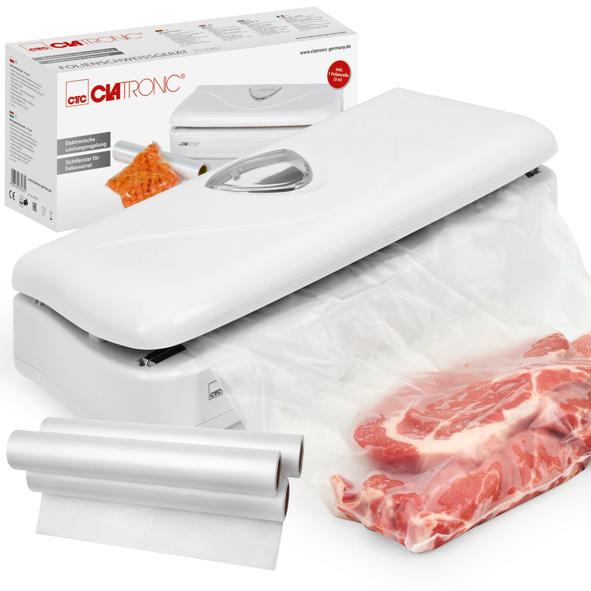 Clatronic zgrzewarka próżniowa; do Sous Vide; elektroniczna regulacja mocy; okienko do przechowywania folii; z 1 x folią próżniową; biała