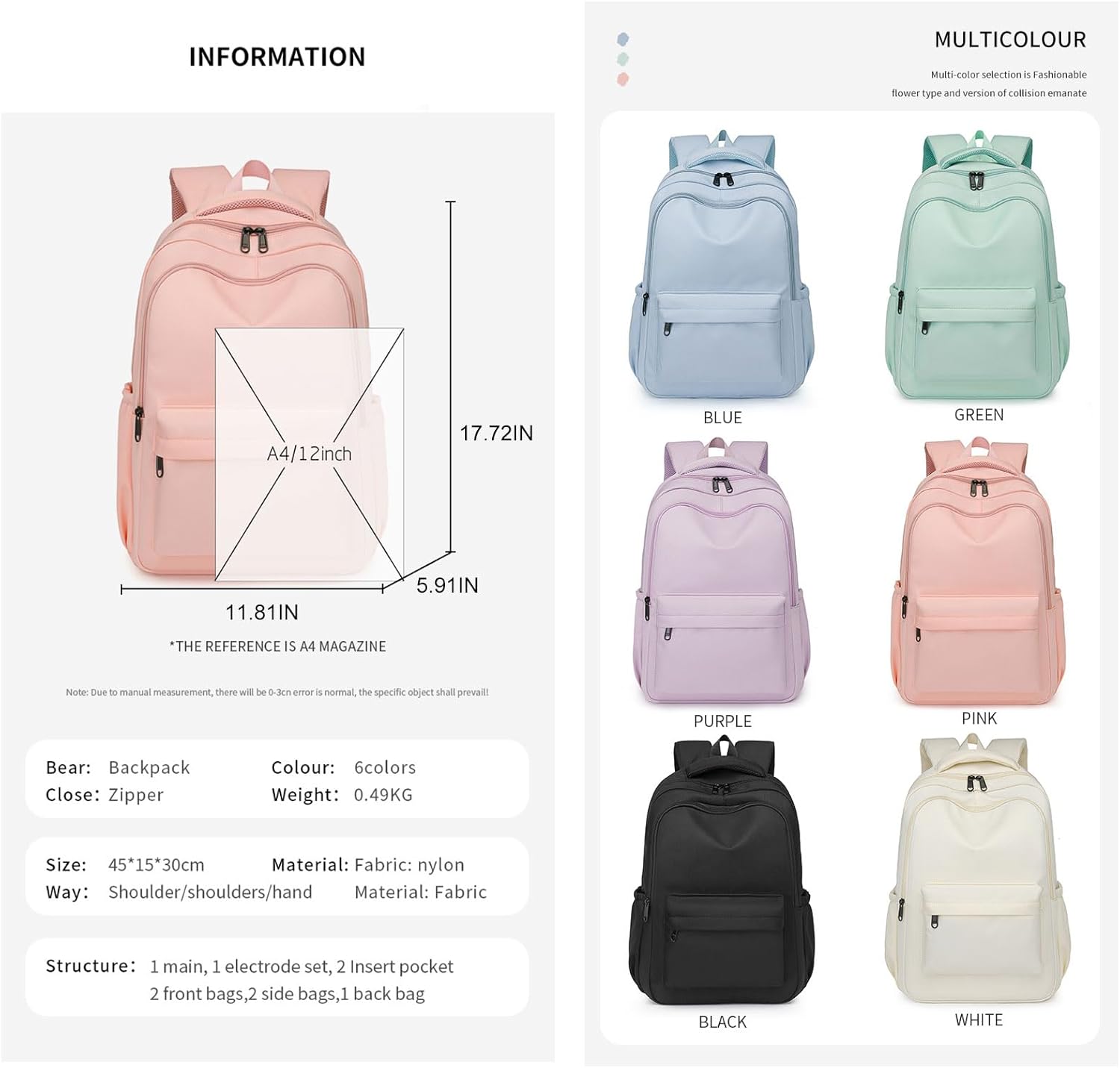Cute College Backpack for School Aesthetic Backpack for Teen Girls Students Laptop Bag Large Capacity Bookbags Kids Travel Lightweight Backpacks for Casual Daypacks School Bag Solid Color(White) - Image 3