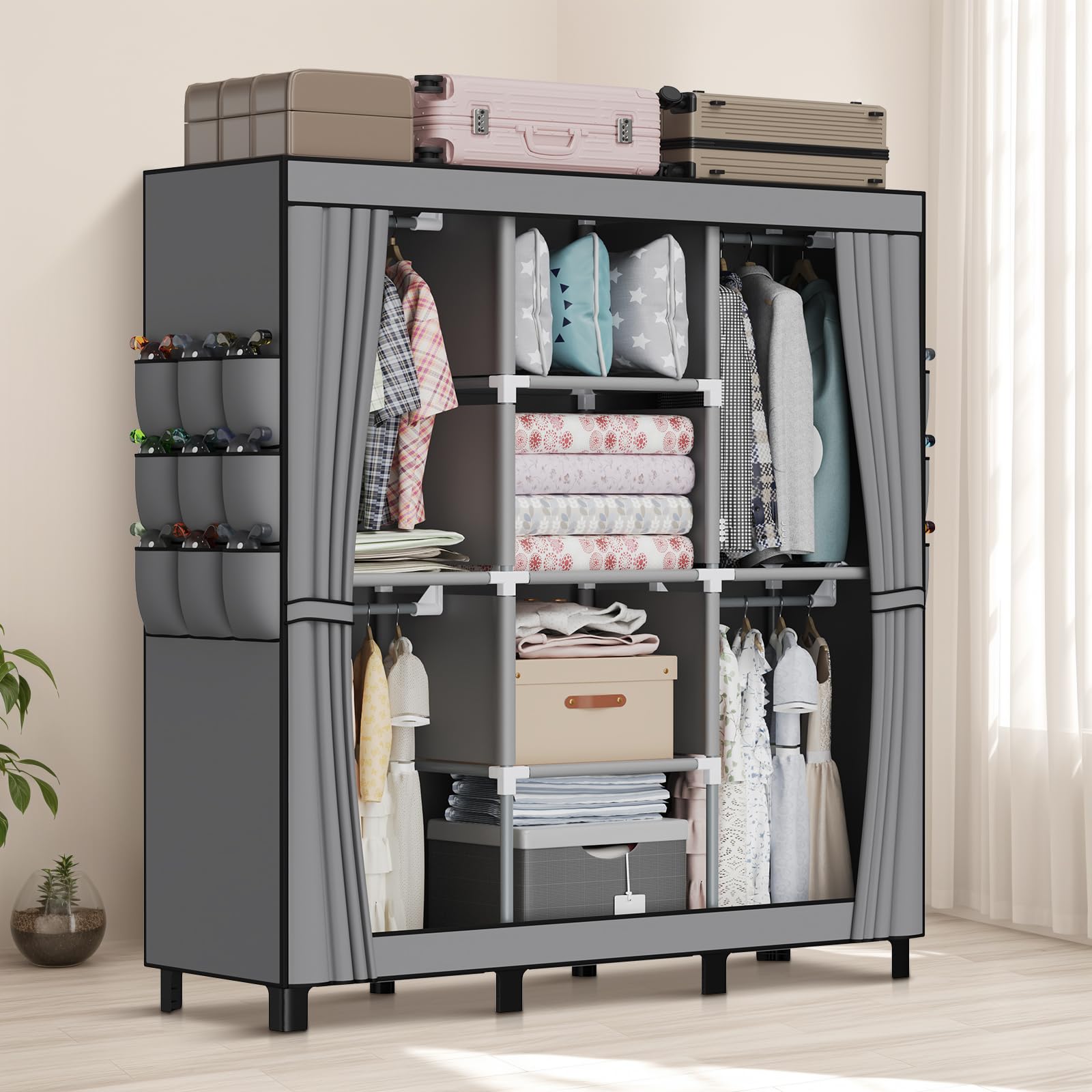 LOEFME Kleiderschrank, Stoffschrank, Faltbarer Kleiderschrank mit Kleiderstange, Stoffkleiderschrank mit 18 Seitentaschen, 45 x 130 x 172 cm, Grau