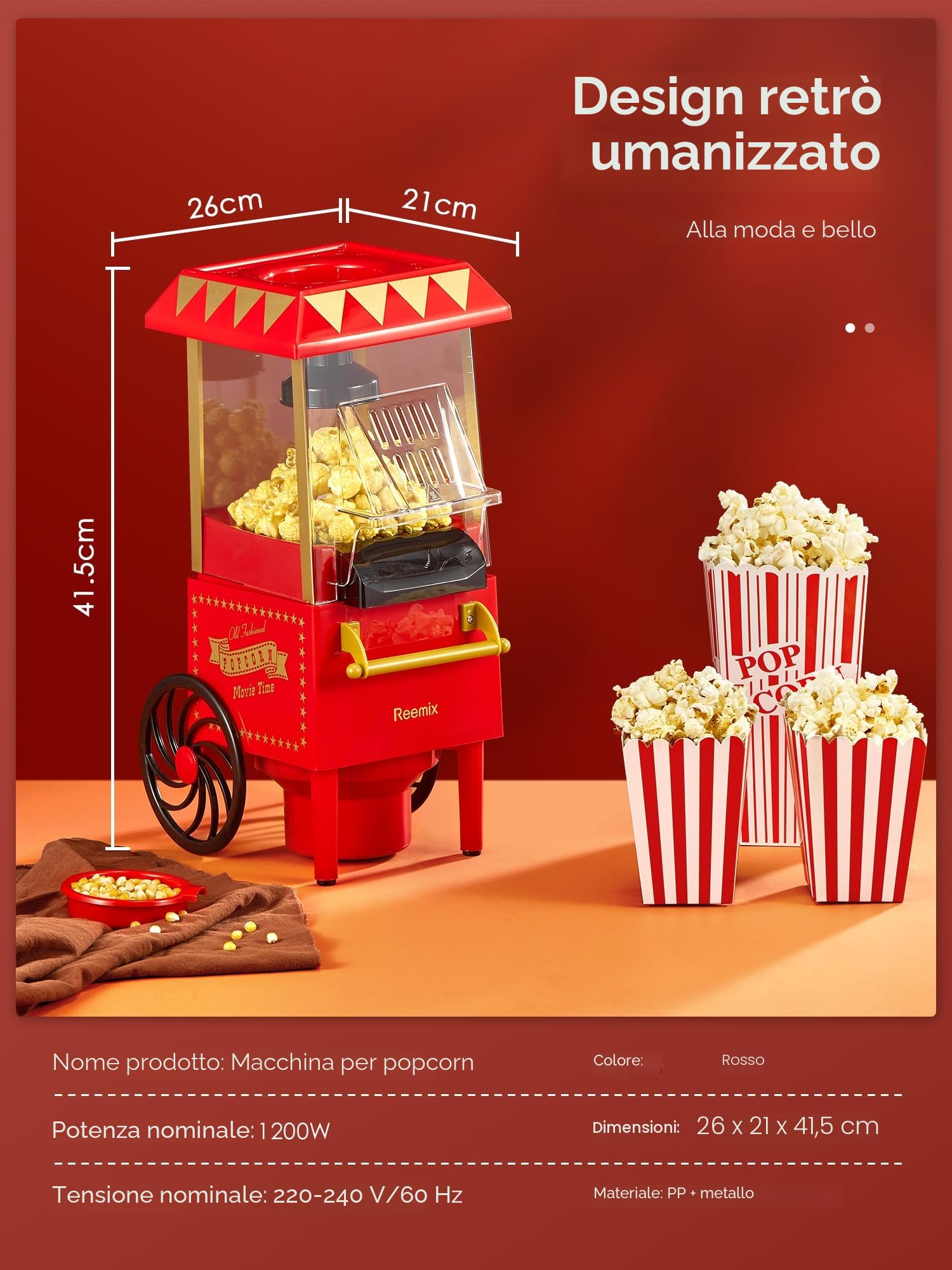 Macchina popcorn, Reemix 1200W Retrò Popcorn Maker, Senza olio, Popcorn fresco fatto in casa in meno di 3 minuti, Utilizza aria calda, Coperchio staccabile, Feste, Serate cinematografiche, Rosso