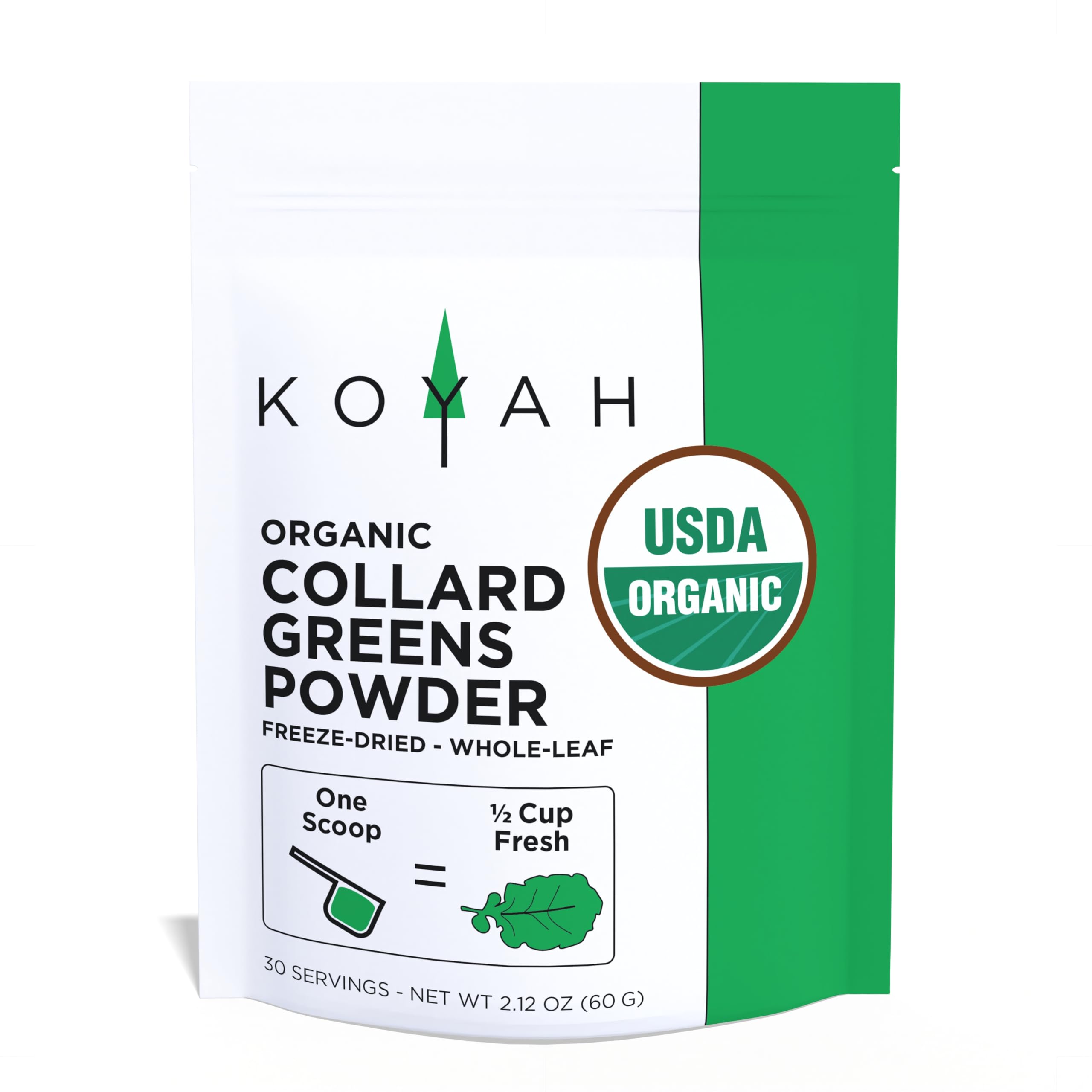 KOYAH - Organic USA Grown Collard Greens Powder (Equivalent to 15 Cups Fresh): Freeze-Dried, Whole-Leaf Powder