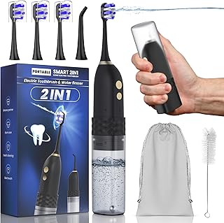 Portable Water flosser with Electric Toothbrush, 2 in 1 Teeth Cleaning Kit, Electric Toothbrush and flosser Combo, Water Flosser for Travel and Home (Black)
