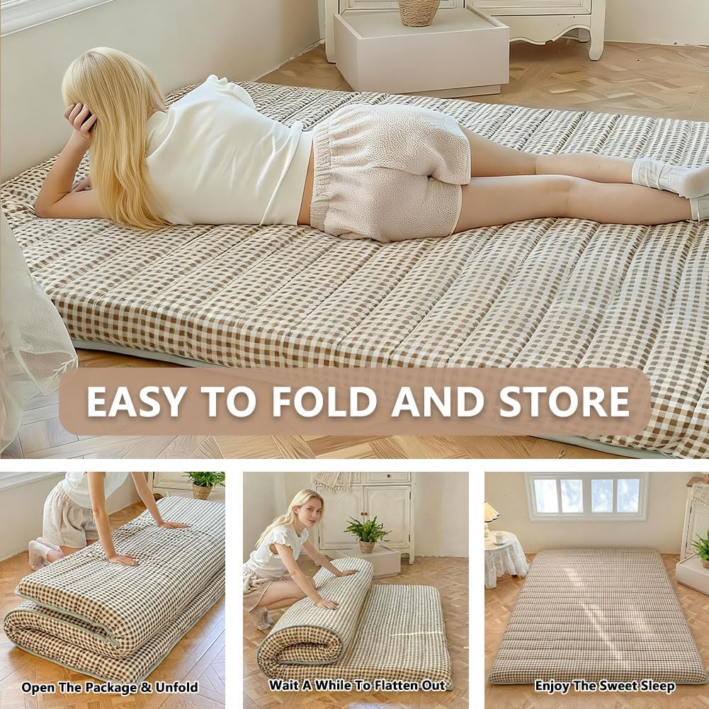 NSNLGSGC Tan Gingham Japanese Floor Mattress, 3.5" Thick High Density Foam Futon Mattress, Foldable Tatami Sleeping Pad for Adults & Kids, Roll Up Floor Bed for Dorm Guest Room, Twin Size 39" x 80"