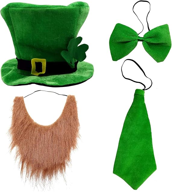 CreepyParty St.Patrick's Day's Leprechaun Green Hat Bow Tie Beard Costume Accessories for Parade Ireland Party