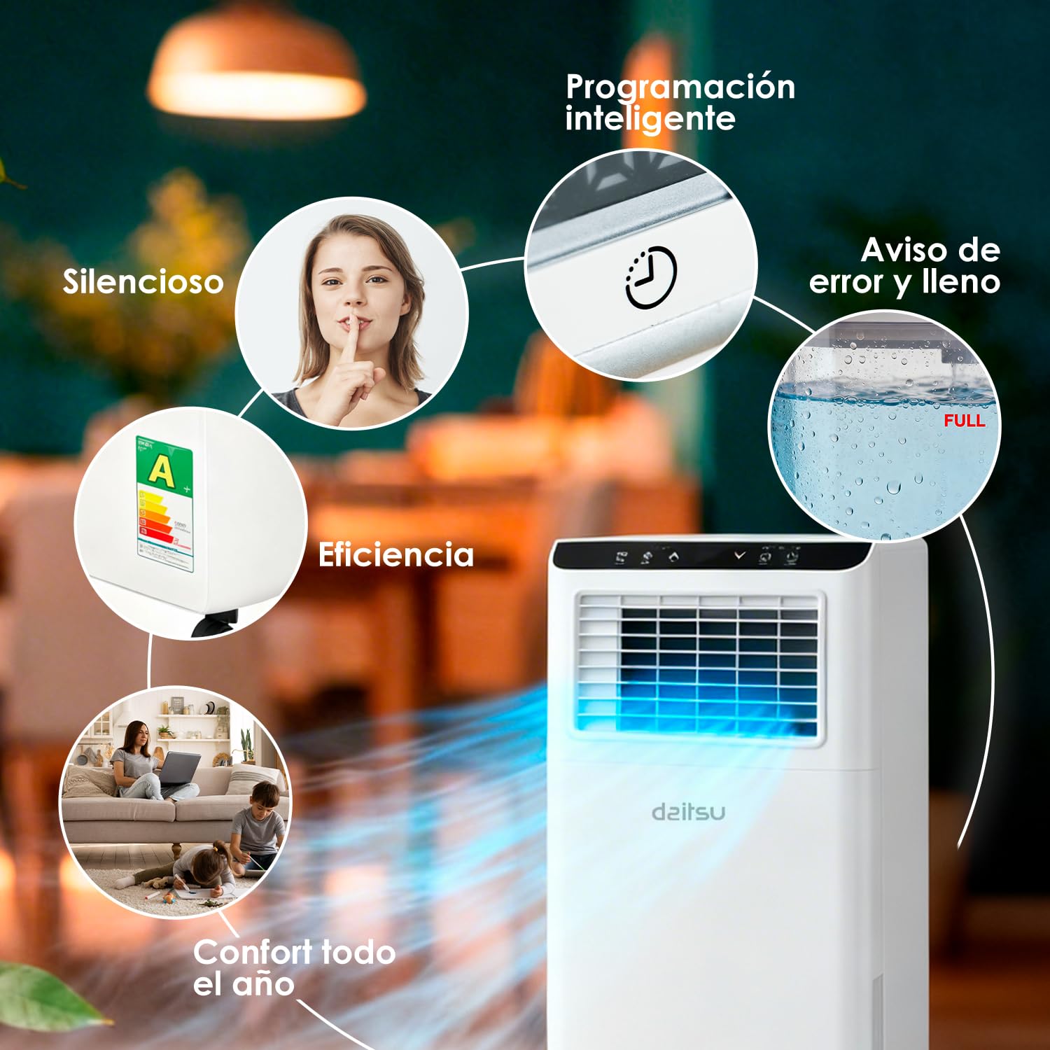 Daitsu Aire acondicionado portátil 3 en 1: Frío, Deshumidificador, Ventilador | Hasta 22 m² | Clase A | Mando inalámbrico | Silencioso y Compacto | Aeris Cool APD-09FXA