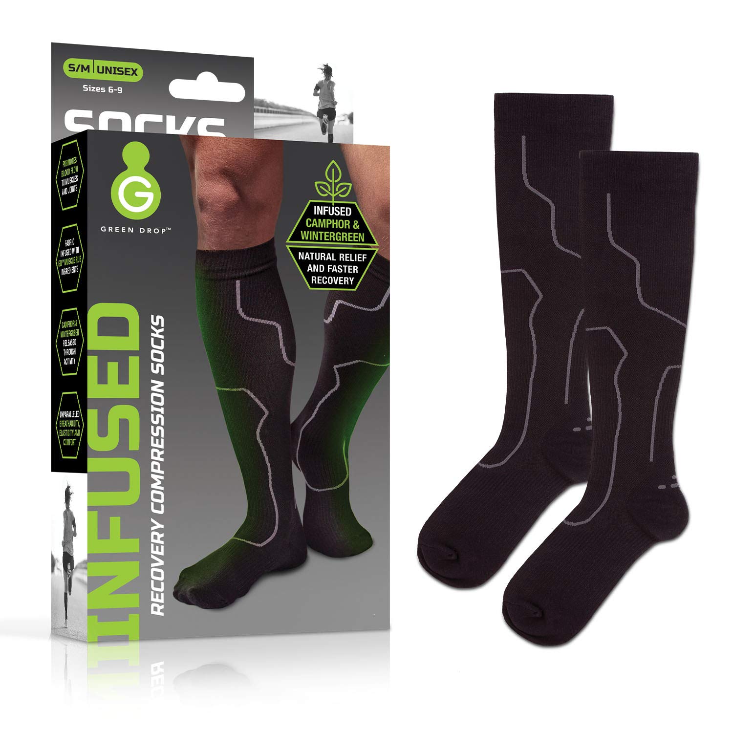 Green Drop Professional Compression Socks for Men & Women - Patented Medical Grade Natural Relief Herb-Infused Support (Large / X-Large)