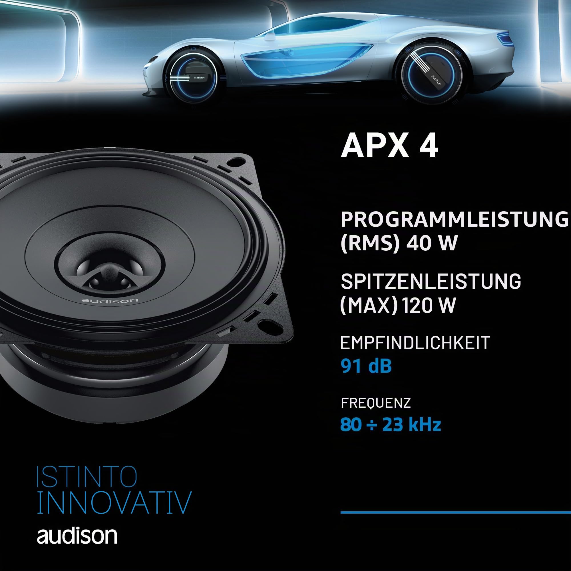 Audison APX 4 Paar 2-Wege-Koaxiallautsprecher 100 mm, 120 W | Hochtöner 24 mm, 4 Zoll, 40 W RMS, 4 Ohm, 91 dB, 80-23000 Hz, Einbautiefe 41 mm