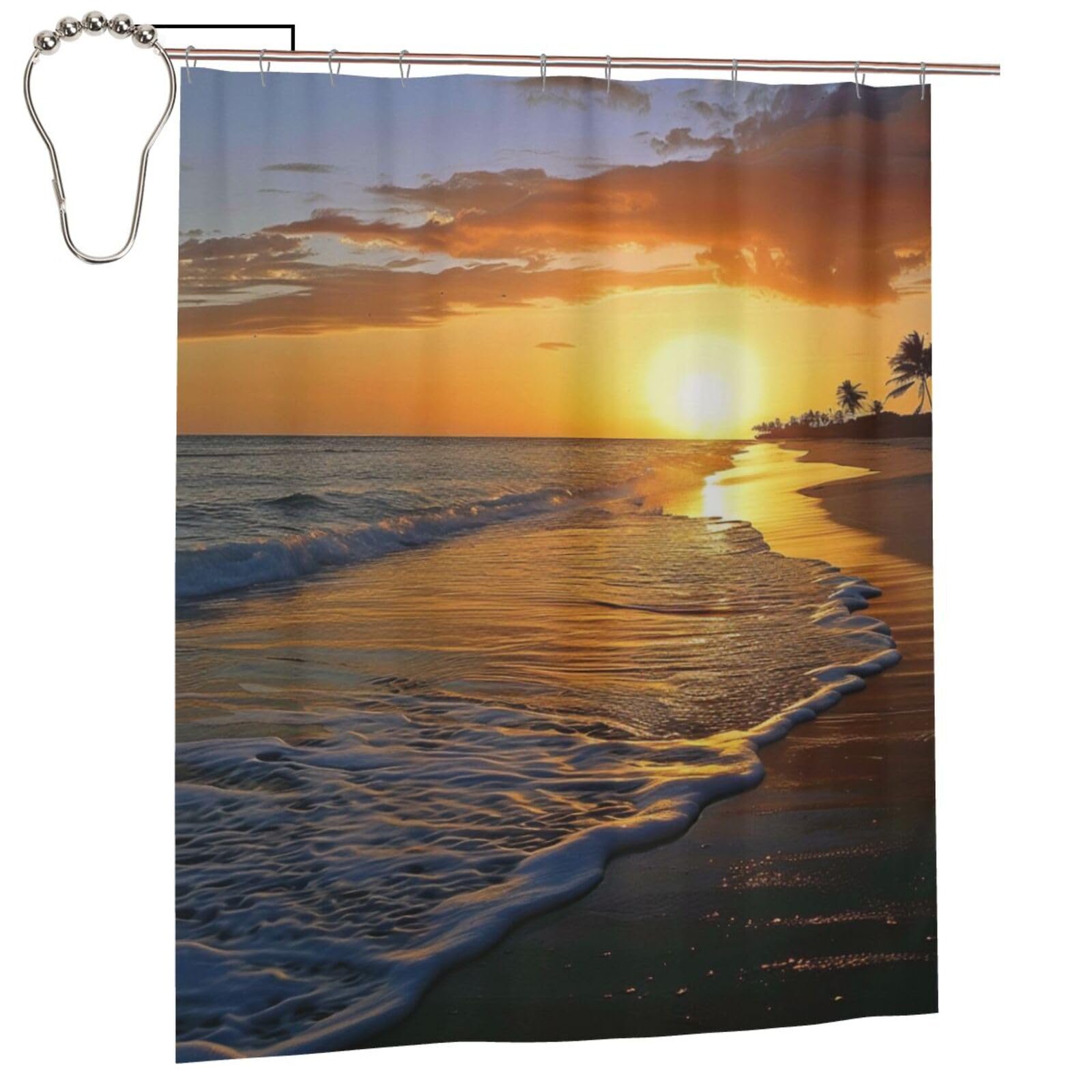 BWWHCCTI beach with sunset Printed Shower Curtain With 12 Iron Hooks Opaque Quick Drying Waterproof Shower Curtains Sets For Bathroom 152x183 Cm