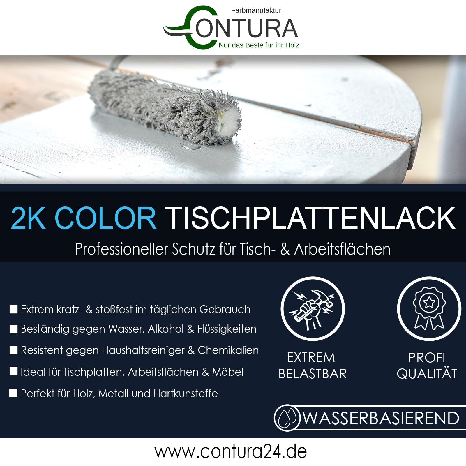 Contura 2K Hartlack Tischplattenlack Seidenmatt Color Set 2 Komponenten Farbe Thekenlack Buntlack (RAL 7016 - Anthrazit Grau, 750ml.)