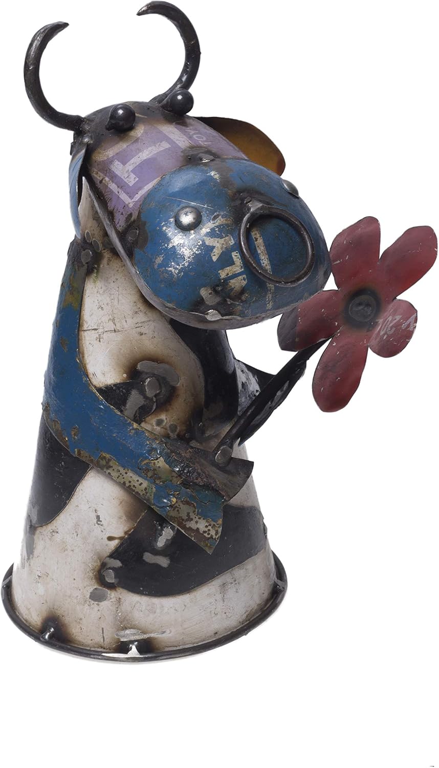 DeKulture Recycled Iron Cow with Flower - Decorative Fence Topper | Indoor & Outdoor Decor (6.5x5.5x9.5 Inches)