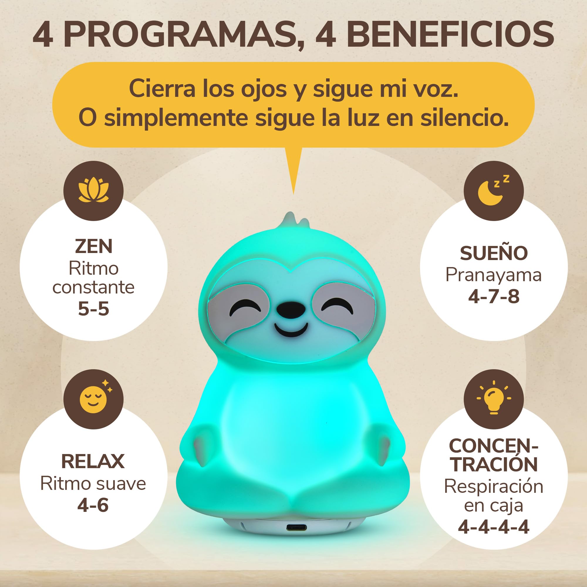 Entrenador de Respiración con Guía de Luz y Voz – Favorece Sueño, Relajación, Concentración y Bienestar – Respiración Consciente, Mindfulness – Instrucciones de Audio en Español – Recargable