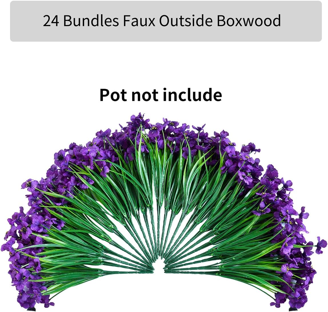 24 Bundles Artificial Daisy Purple Flowers UV Resistant No Fade Fake Boxwood Plastic Plants for Garden Porch Window Box Home Wedding Décor - Indoor/Outdoor Use