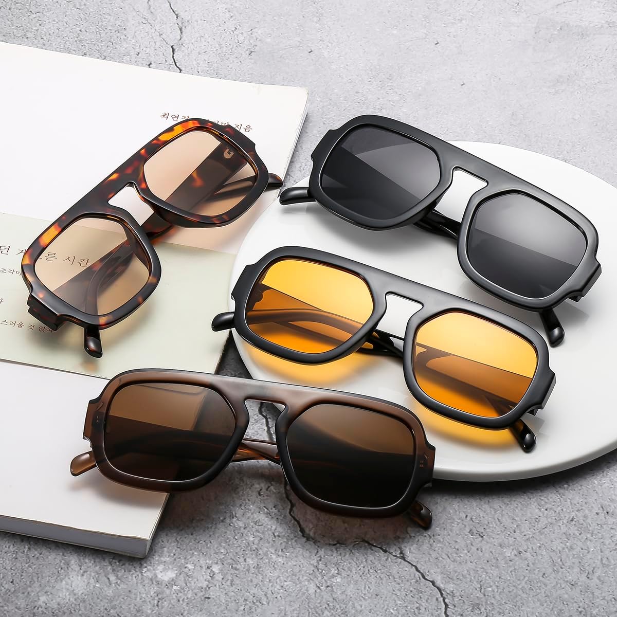 4 Pieces Trendy Square Aviator Sunglasses for Women Men Flat Top Frame Retro 70s Square Sun Glasses Vintage Shades