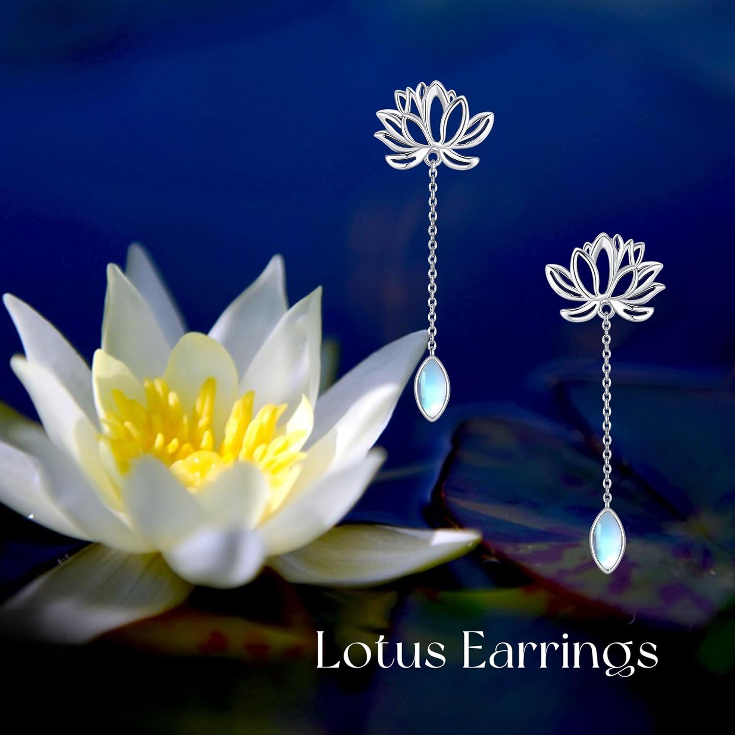 Lotus Earrings 925 Sterling Silver Lotus Moonstone Dangle Drop Earrings Flower Yoga Jewelry Mothers Gifts for Women Mom Grandma - Image 2