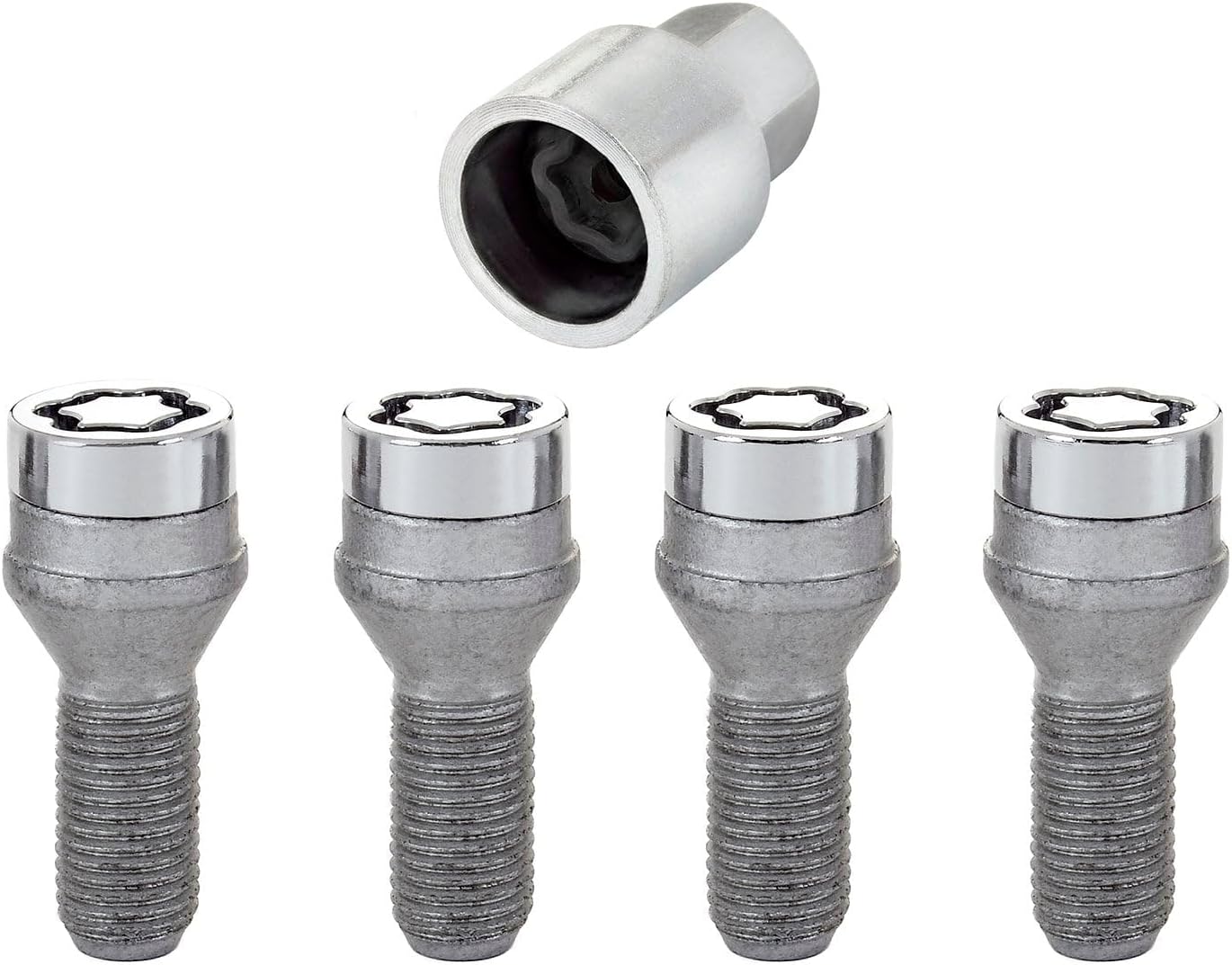 McGard 27226 Chrome Bolt Style Cone Seat Wheel Locks (M14 x 1.25 Thread Size) - Set of 4, Chrome & Grey, Size: Set of 4 Locks and 1 Key