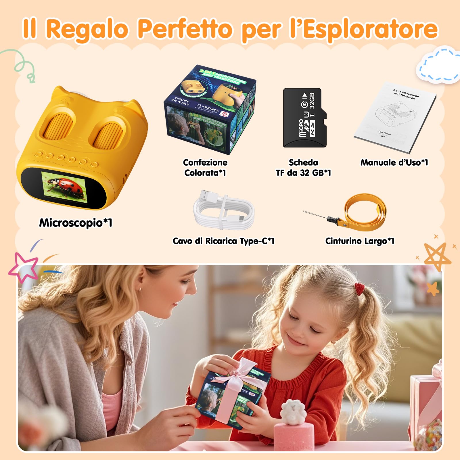 2 in 1 Microscopio Bambini e Telescopio, Microscopio Digitale Bambini con Scheda 32GB, 1000X Microscopio Portatile con Schermo IPS da 2,0 Pollici e 8 Luci LED, Regalo per Bambini dai 3 Anni