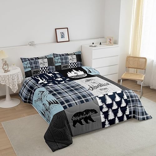 Miniatura 2 de Juego de ropa de cama de cabaña retro rústica tamaño King, juego de edredón de oso y ciervos para niños, adolescentes y adultos, edredón de caza de