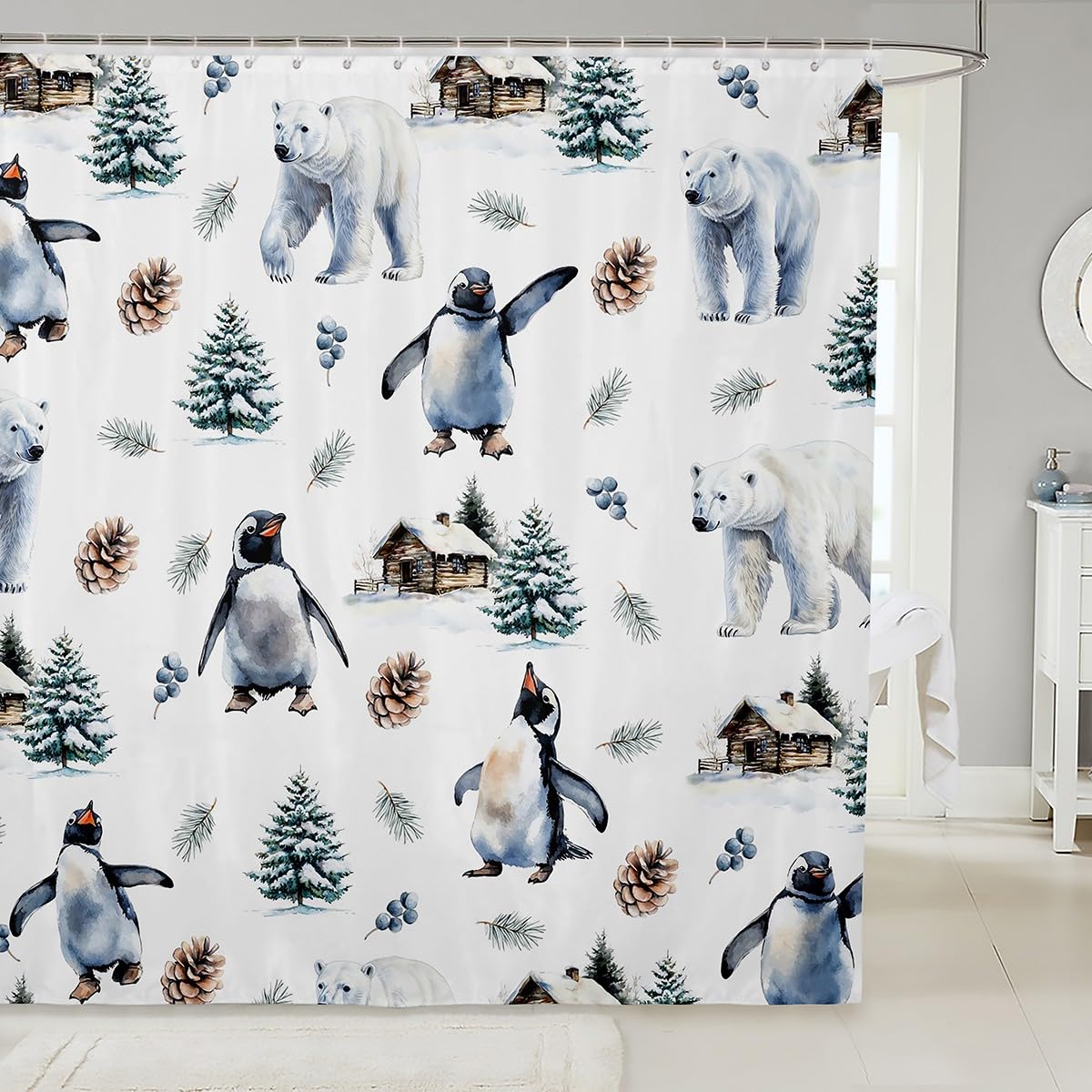 Erosebridal Penguin Polar Bear Shower Curtain,Rustic Cabin Lodge Kids' Shower Accessories,Kawaii Polar Animal Bathroom Shower Curtain Sets,Winter Snow