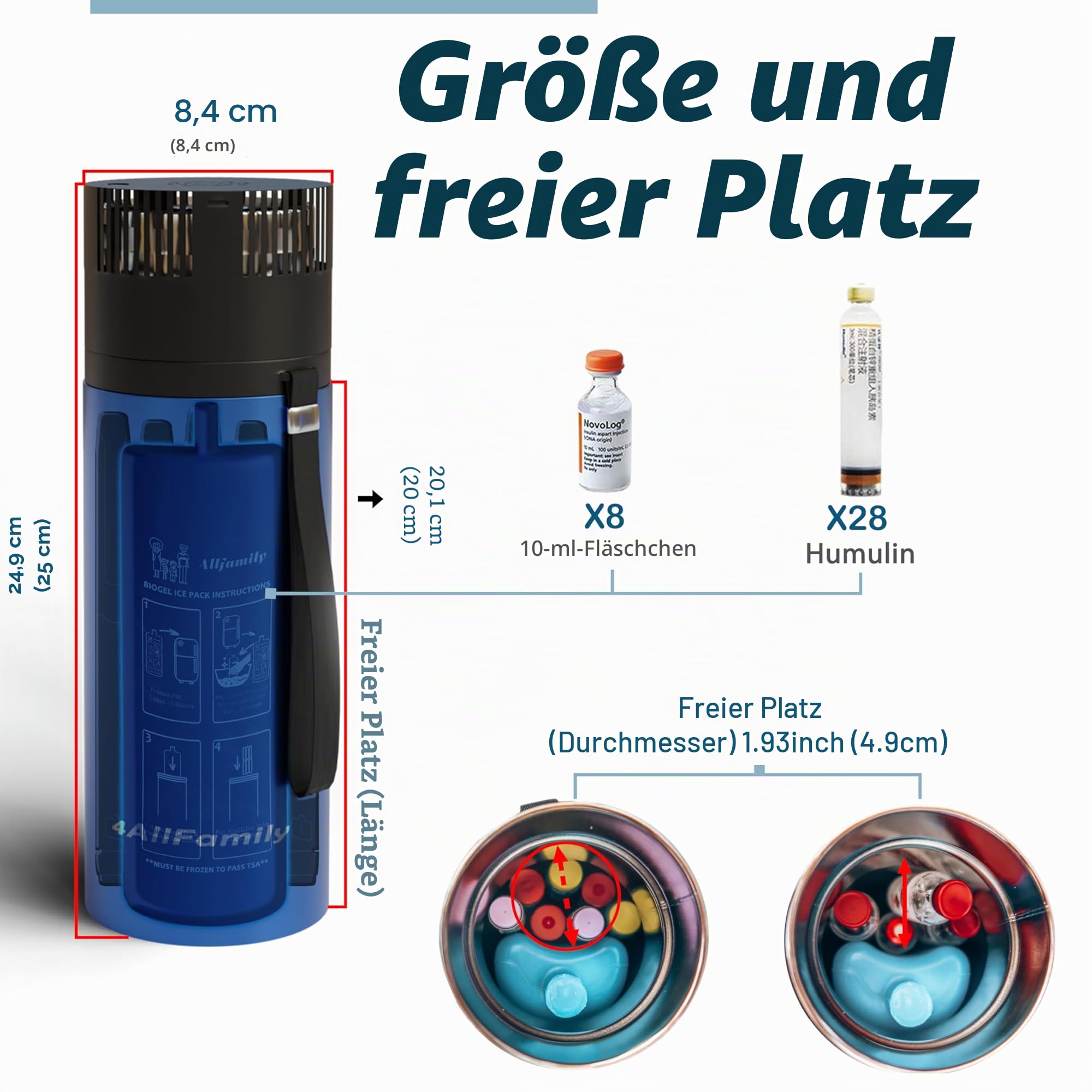 4ALLFAMILY Explorer 72 Stunden 7 Pen Medizinischer Insulin-Kühler Reiseetui USB-Ladegerät + Biogel Ideal Diabetiker Medizin Tragbare Insulina-Tragetasche Medikamentenflasche Diabetes (Blue)