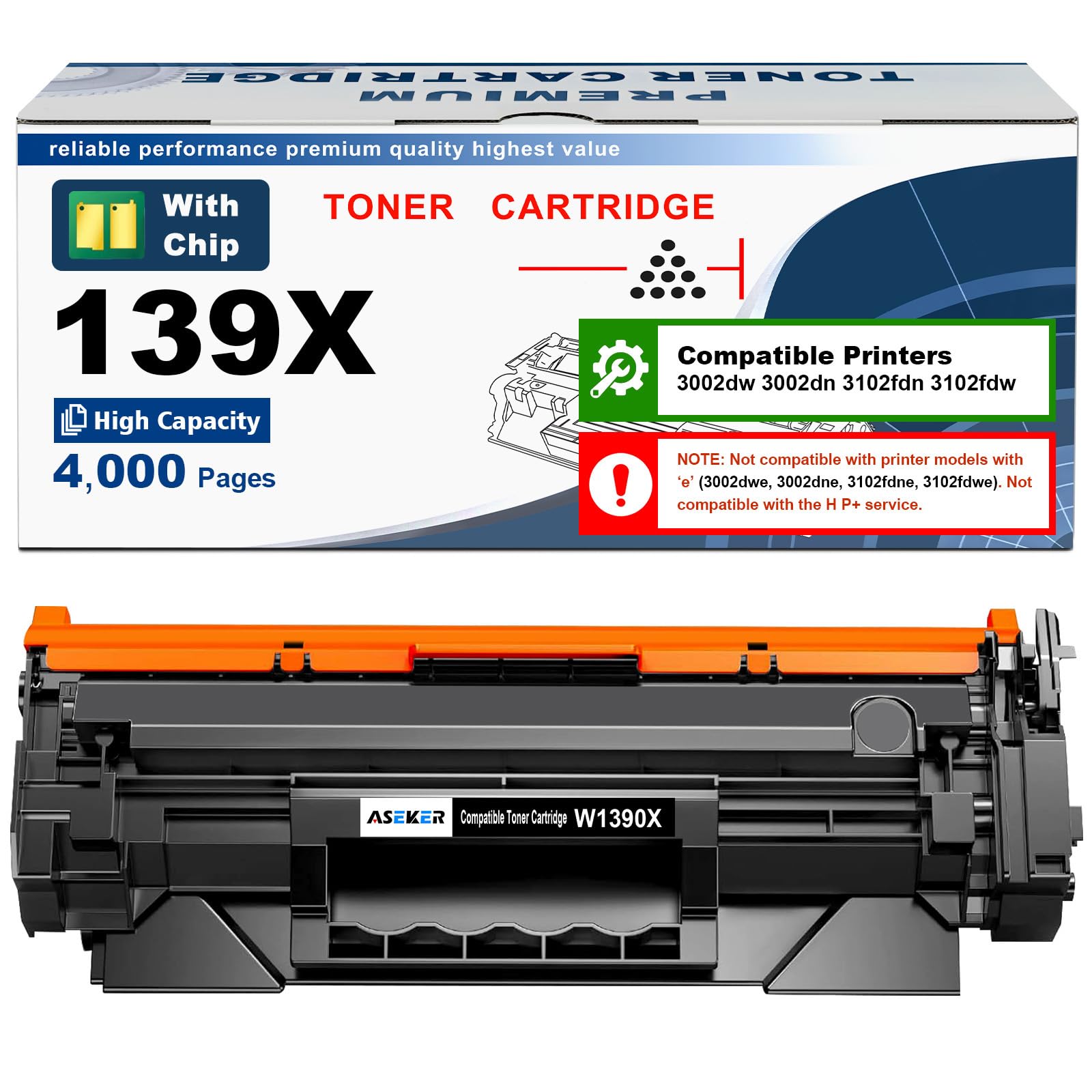 139X W1390X (139A W1390A) Toner Cartridge [with Chip] High Yield 4000 Pages Compatible with HP Laserjet Pro 3002dw 3002dn Laserjet Pro MFP 3102fdn 3102fdw Printers