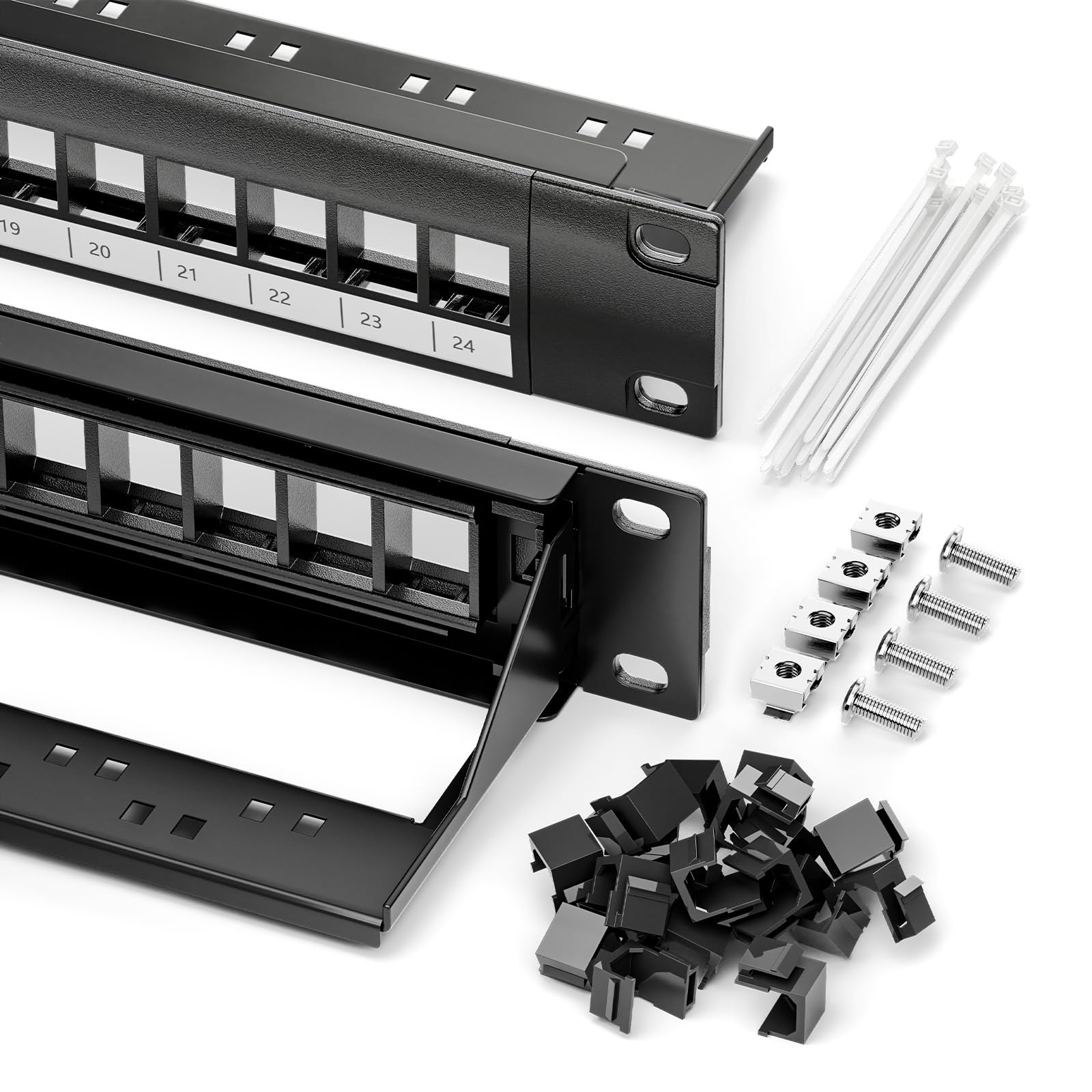 - VCELINK 24 Port Keystone Patch Panel, with 20 x Blank Keystone Jack Inserts, Blank 1U CAT6 Rackmount Panel with Removable Cable Management Bar for RJ45/RG6/Fiber Keystone, 19 Inch