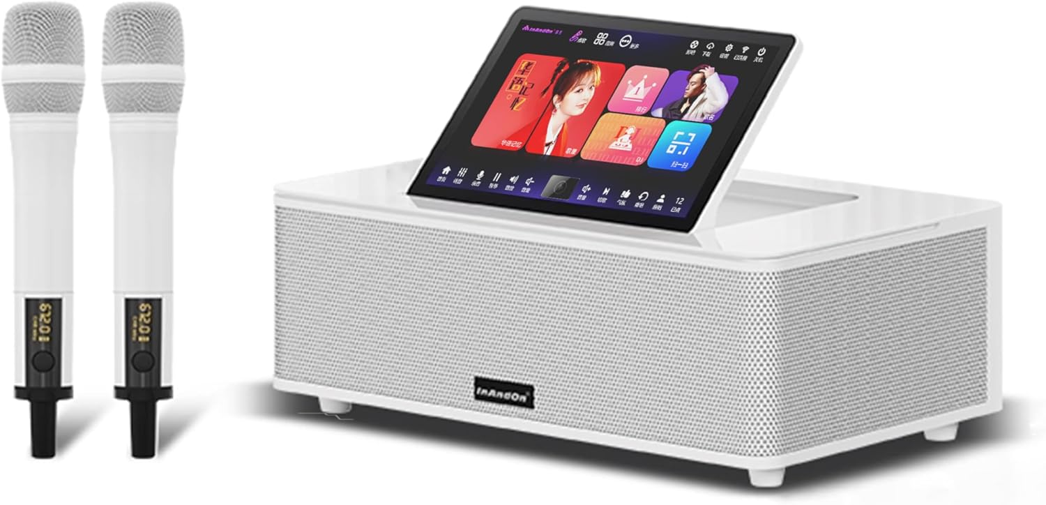 Inandonkod Karaoke Machine for Home, 10.1" 4K Touchscreen with Hi-Fi Sound, All-in-One KTV Jukebox, Built-in Multi-Language Songs & Supports YouTube, Wireless Microphones Included (White 500G)