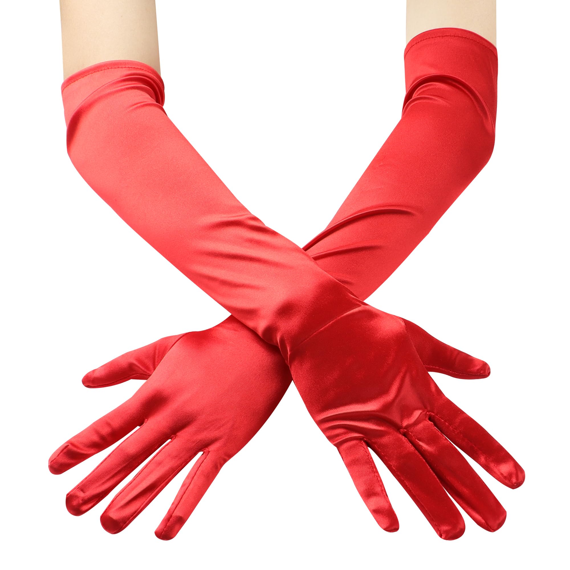 Junart Women's Red-1Pair Long Satin Gloves,Elegant Elbow Length Gloves For Opera Party, Wedding, Evening Dresses,Carnival Costume, Dance (Red)