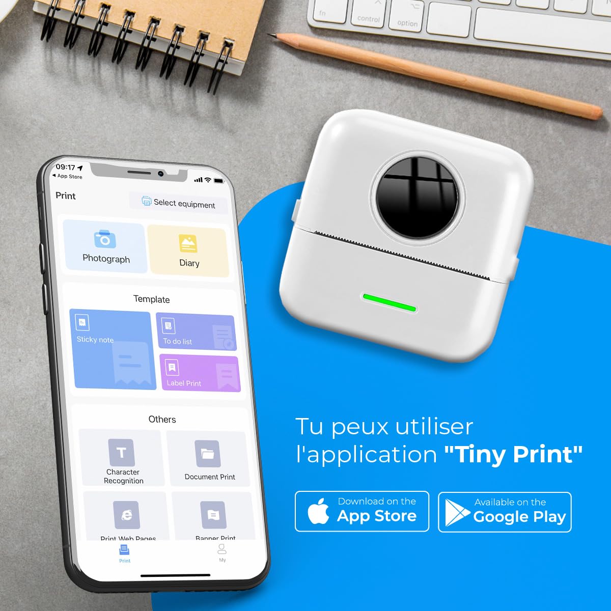 NK Imprimante Photo Portable avec 5 Rouleaux de Papier Thermique - Mini Imprimante Thermique Mobile sans Fil, Câble USB, Compatible avec iOS et Android, Blanc