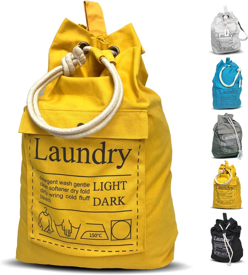 Laundry Bag - Dorm Room Essentials - Travel Laundry Bags - College Essentials - Backpack Large Spacious 25”X20” Drawstring 100% Sturdy Cotton Canvas, Hamper Storage Organizer (Yellow)