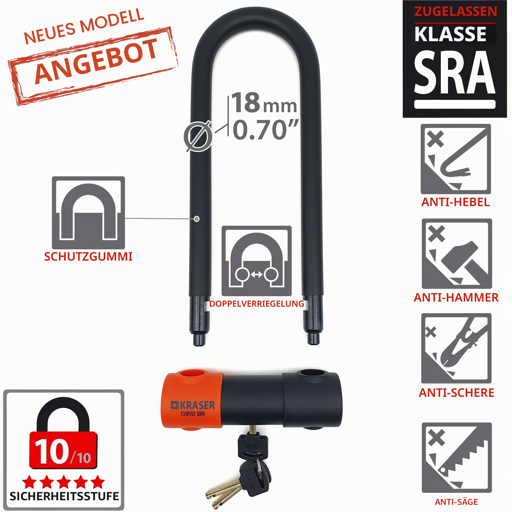 KRASER KR85M Anti-Diebstahl Motorrad Fahrradschloss Bügelschloss Vorhängeschloss U Homologiert SRA-Schloss Sicherheit Solides Schloss 85x250 Ø18 Diebstahlsicherung Motorräder Motorroller Fahrrad