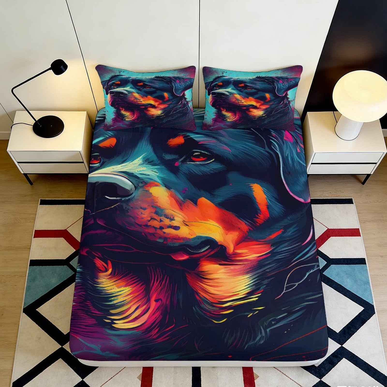 3D Printed Vibrant Wolf Fitted Sheet Microfiber Soft Decorative Neon Animal Mattress Cover for Bedroom Dorm Guest Room 90x200x25cm