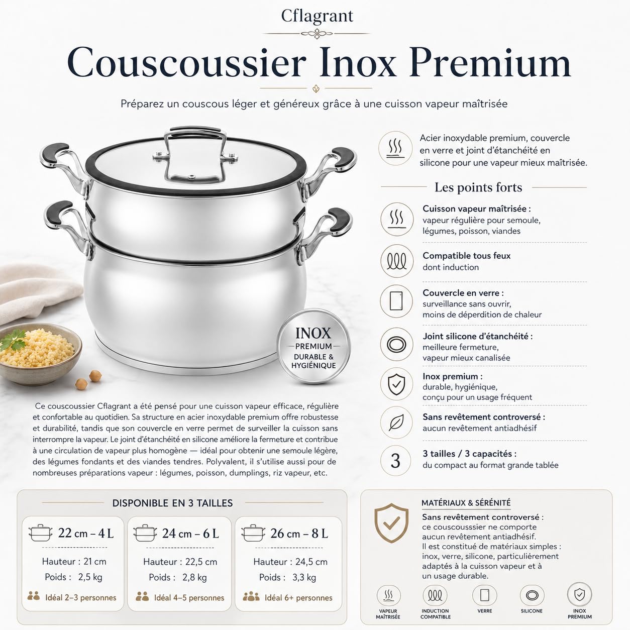 Couscoussier Inox Premium 4/6/8 L – Couvercle Verre + Joint Silicone – Fond Encapsulé – Compatible Induction & Lave-vaisselle – Sans Revêtement Antiadhésif – 22/24/26 cm (6 Litres 4/5 Personnes)