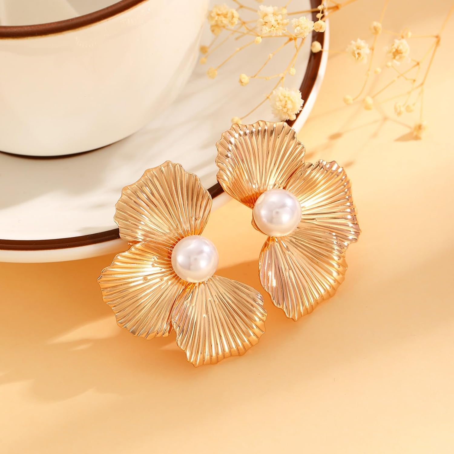 Chunky Gold Flower Pearl Statement Earrings for Women Fashion Elegant Gold Silver Big Pearl Leaf Formal Earrings Jewelry Gift For Women - Image 6