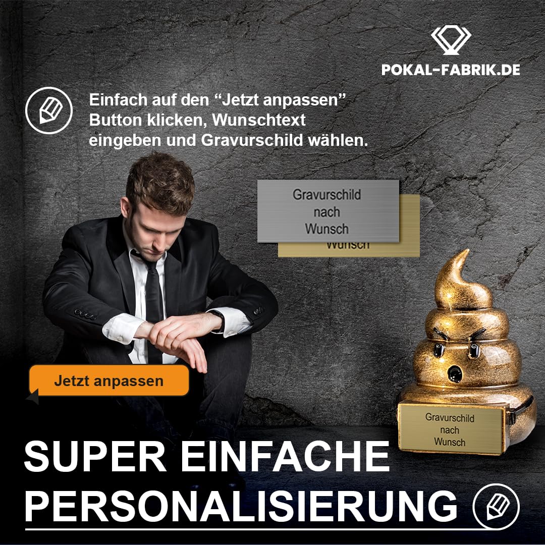 Pokal-Fabrik Lustiger Pokal mit Gravur Wunschtext – Gold Trophäe als Kackhaufen-Emoji – Personalisierter Trostpreis & Gag-Geschenk für Verlierer, WM Pechvögel, Partys & Team-Events – 9,5 cm