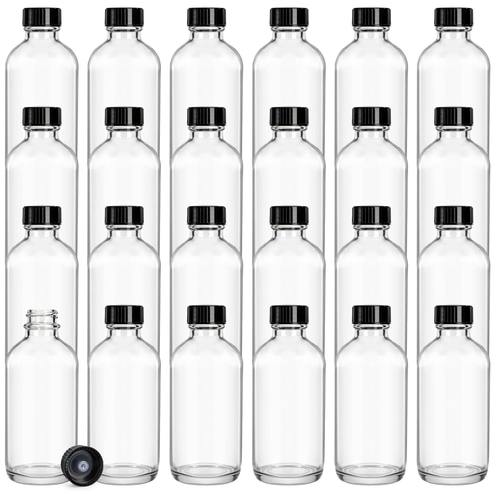 Bekith 24 Pack Clear Boston Round with Black Poly Cone Cap, 4 oz Clear Glass Bottles Sample Bottles for Juice, Ginger Shots, Oils, Whiskey, Liquids