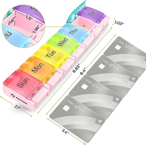 Miniatura 6 de AUVON - Pastillero semanal sin BPA, adecuado para artritis, diseño de apertura de resorte y compartimento grande para vitaminas, aceite de hígado de