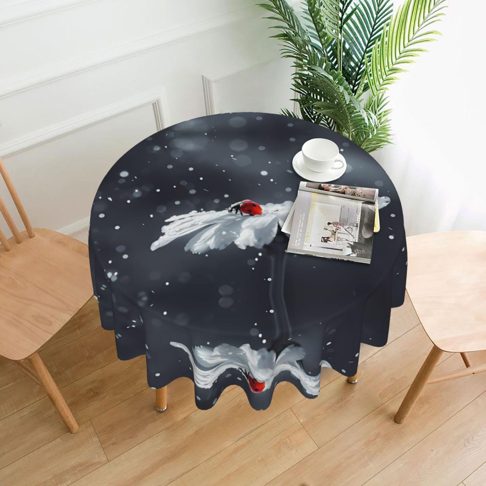 WHJSHOP Ladybug on Daisy Flower Prints Round Table Throw 60 Inch – Waterproof Table Cover for Dining, Coffee Tables, Parties & More - Soft, Wrinkle-Resistant Table Layer
