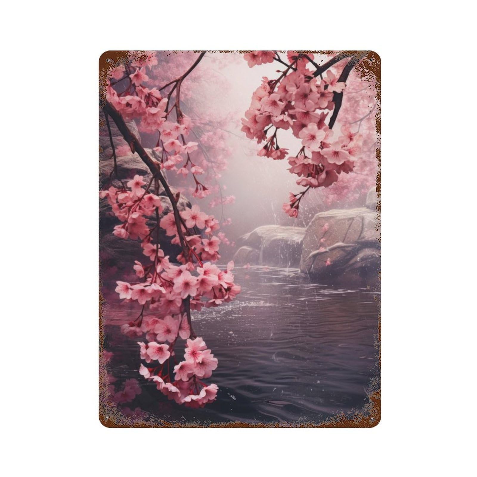 Japan Sakura Flower 15.7"x11.8" Aged Metal Wall Plaque, Retro Wall Decor for Farmhouse, Kitchen And Entryway Decor