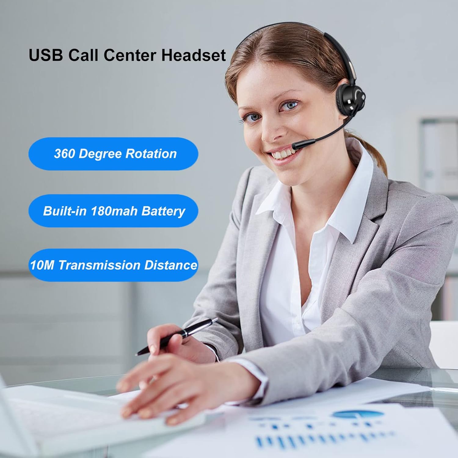 Bluetooth Headphones, Noise Cancelling USB Call Center Headset 360 Degree Rotation Long Call Time Customer Service Headphones with Mic for Computer Telephone Desktop Box