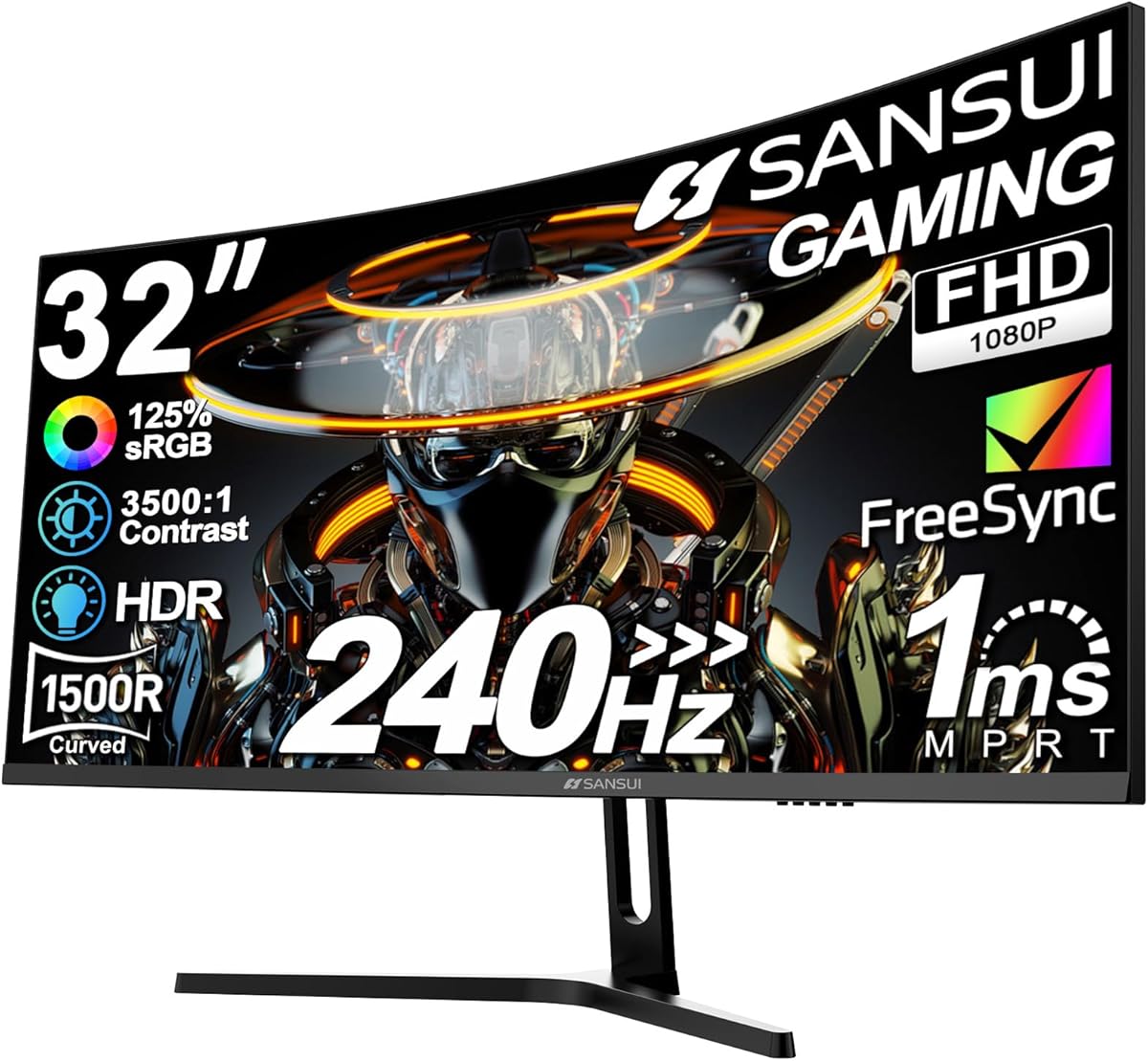 SANSUI 32 Inch Curved 240Hz Gaming Monitor, High Refresh Rate FHD 1080P Gaming PC Monitor Curved 1500R, 1ms(MPRT), HDR, HDMI DP, Metal Stand, VESA Compatible (ES-G32C3F DP Cable Incl.)