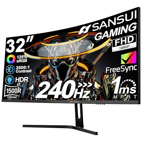 SANSUI 32 Inch Curved 240Hz Gaming Monitor High Refresh Rate, FHD 1080P Gaming PC Monitor HDMI DP1.4, Curved 1500R, 1Ms MPRT, HDR,Metal Stand,VESA Compatible (ES-G32C3F DP Cable Incl.) - 32in 240Hz Curved Gaming FHD - 32in 240Hz Curved Gaming FHD