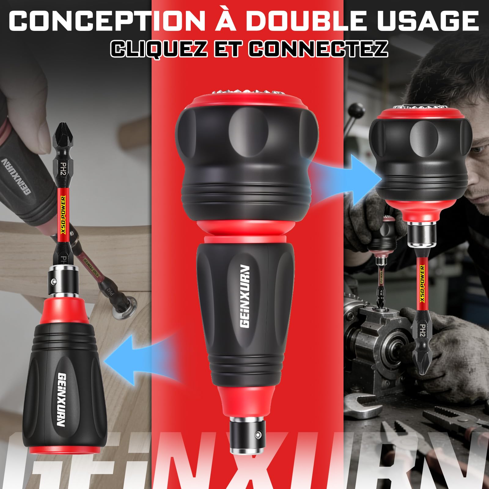 GEINXURN Set de 35 Tournevis à Cliquet Court Douille Magnétique Hexagonale Mini Cliquet Double Extrémité Multi-Embouts Magnétiques (PH/PZ/Torx/Hex) et Porte-Embout pour Réparation