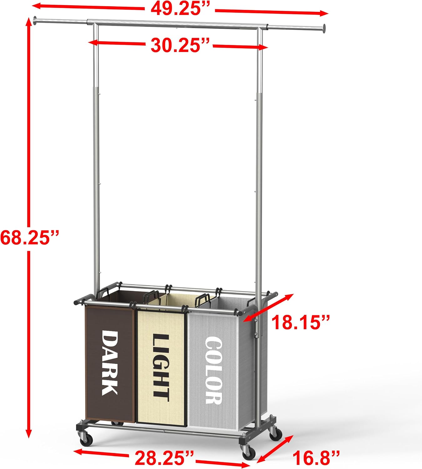 Simple Houseware 3 Bags Laundry Sorter Cart with Hanging Rod, Multi Color image 2