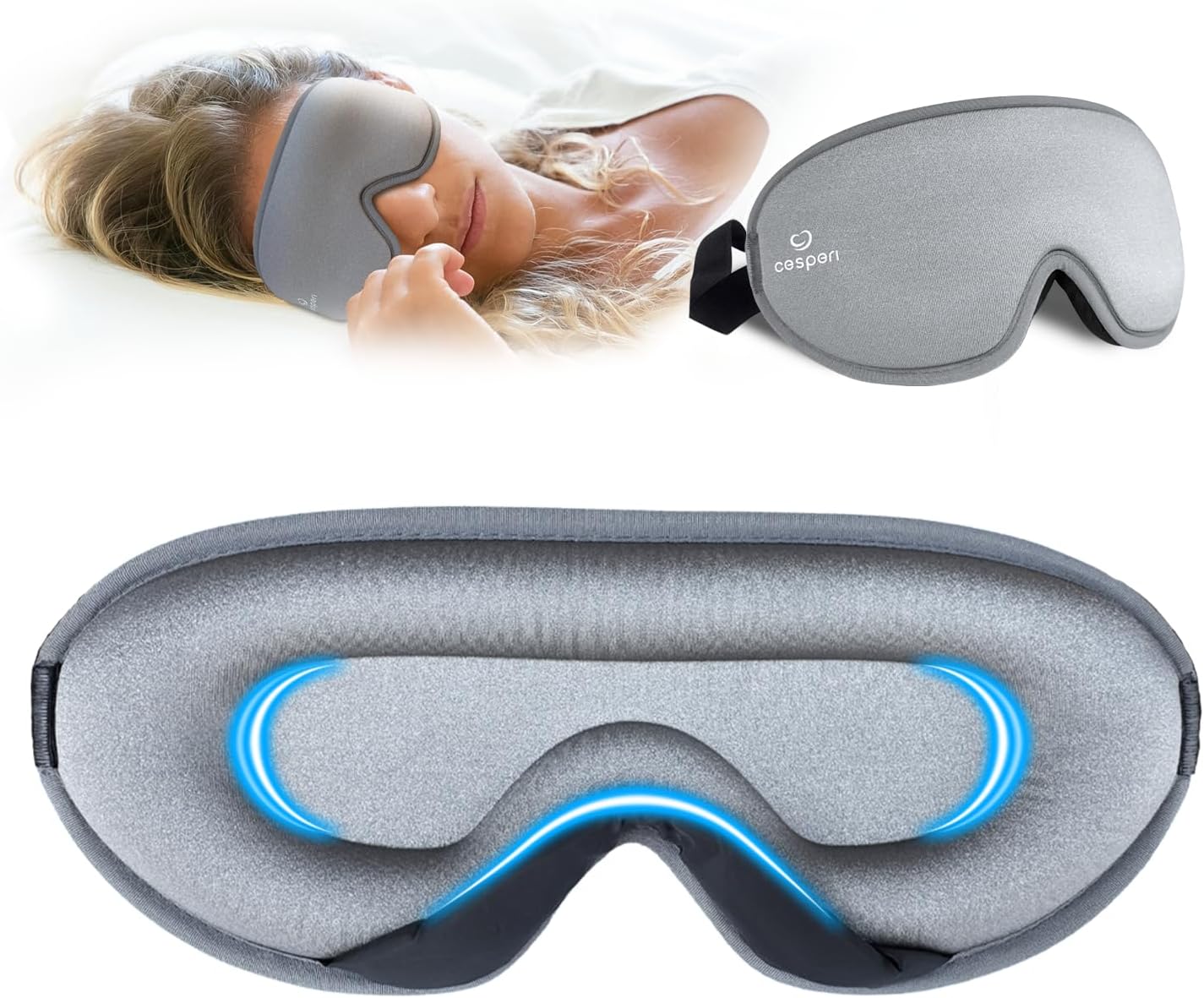 Sleep Mask, 100% Light Blocking, Zero Pressure Design with Adjustable Strap for Side Sleepers, Travel, Resting, Silver Grey